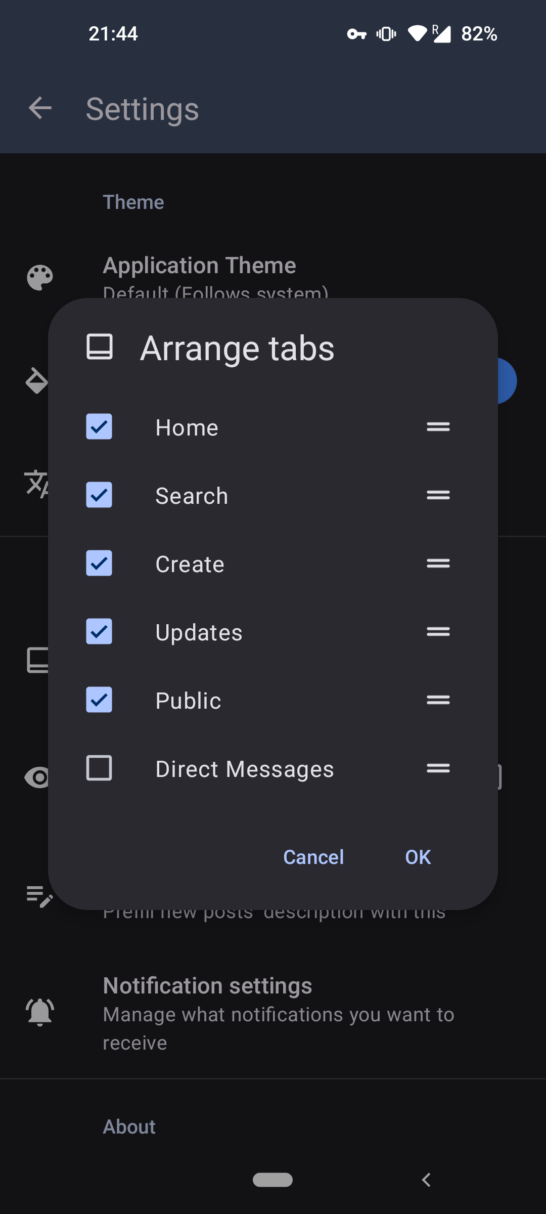 Screenshot of the custom tab settings